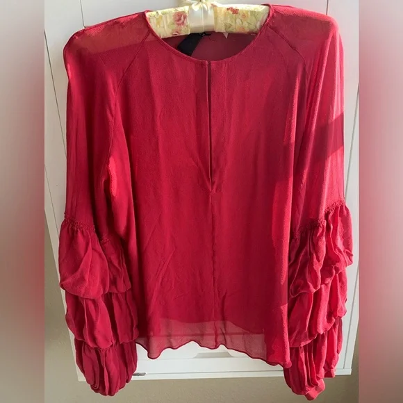 Vivienne Tam Red Silk Sheer Blouse Puffy Sleeves Vintage 90s - Picture 4 of 8